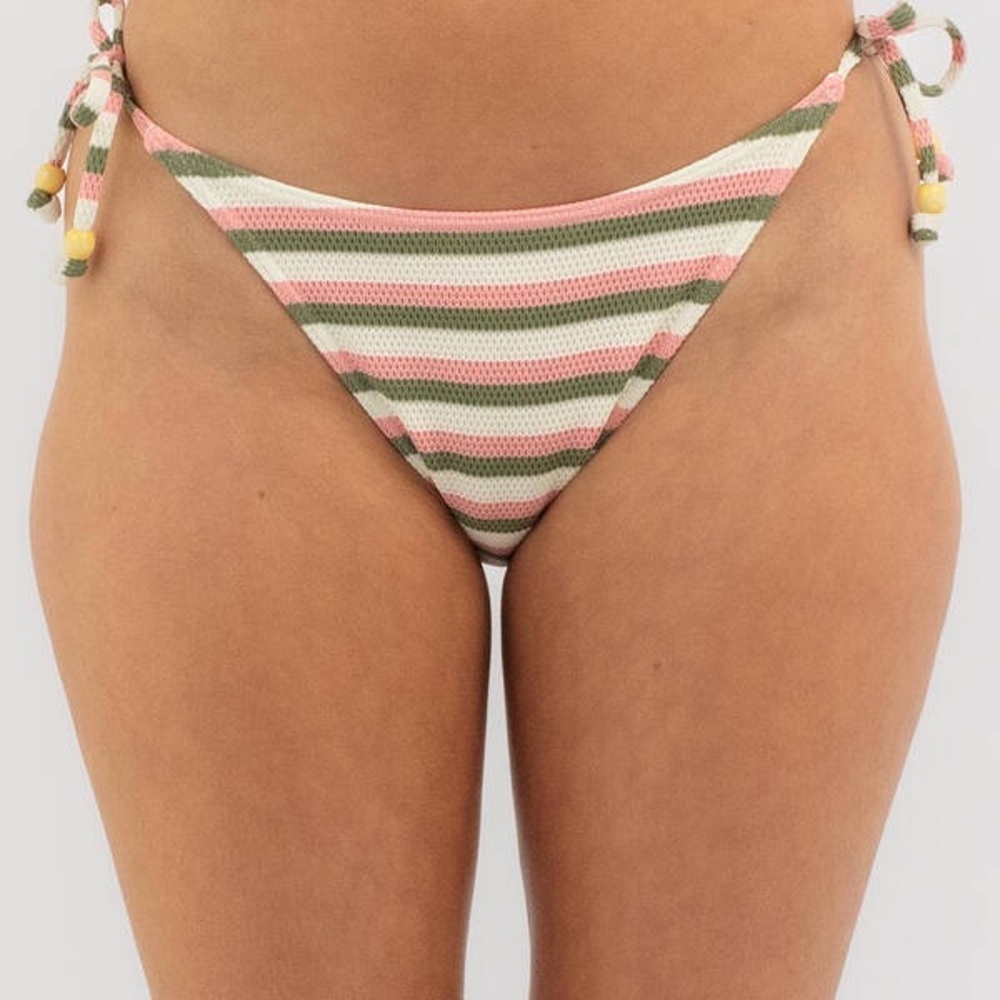 Roxy Striped Tie-Side Bikini Bottom in Pink, White & Olive LIKE NEW